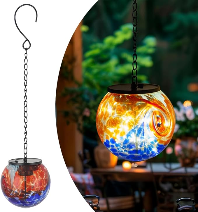 Solar Hanging Lanterns Outdoor, Solar Gazing Ball Lights, Waterproof Hanging Glass Light for Garden Yard Tree Home Xmas Decoration, Blue Splash-Ink