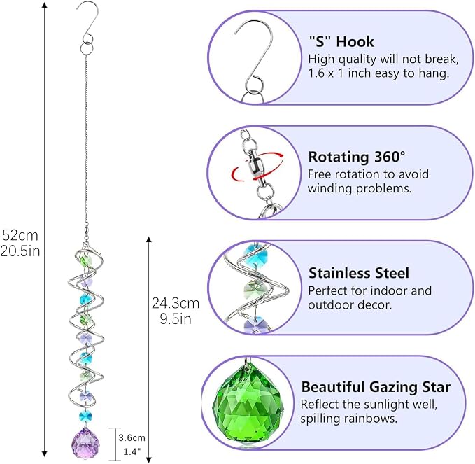 Set of 3 Crystal Suncatcher Spiral Wind Spinner Gazing Ball Decor | Crystal Suncatcher Rainbow Maker with Spiral Tail Hanging for Outdoor Garden Patio Porch Christmas Window Decor