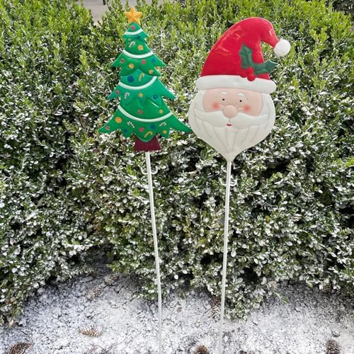 Clovers Garden Metal Christmas Tree and Santa Yard Stakes (Set of 2) and Light Stringers (Set of 2) for Outdoor, Indoor, Lawns, Walkways, Planters or Wall Decor by CloversGarden
