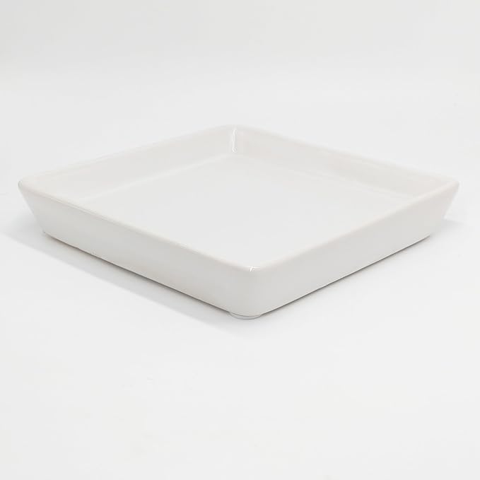 Square Ceramic Plant Saucer Tray 12 13 14 Inch White,14" OD x12.2 ID x1.6 Deep, Sturdy Heavy Duty Glazed Planter Drip Flower pots with Catch Basin for Indoor Outdoor Plants(14" White)