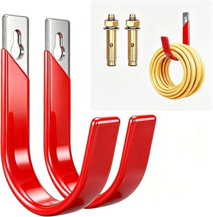 Heavy Duty Metal Garage Hooks Wall Mount 2 Pack, Garage Hanger Utility Storage Hooks for Outside, Hose Rack Suitable for Garage,Garden and Yard,Red