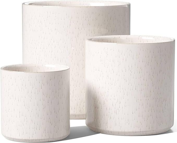 LE TAUCI 10+8+6 Inch Ceramic Pots for Plants, Indoor Planters with Drainage Hole and Plug, Modern Cylinder Flower Pots Set of 3 for Living Room and Bedroom, Glossy, Linen Birch
