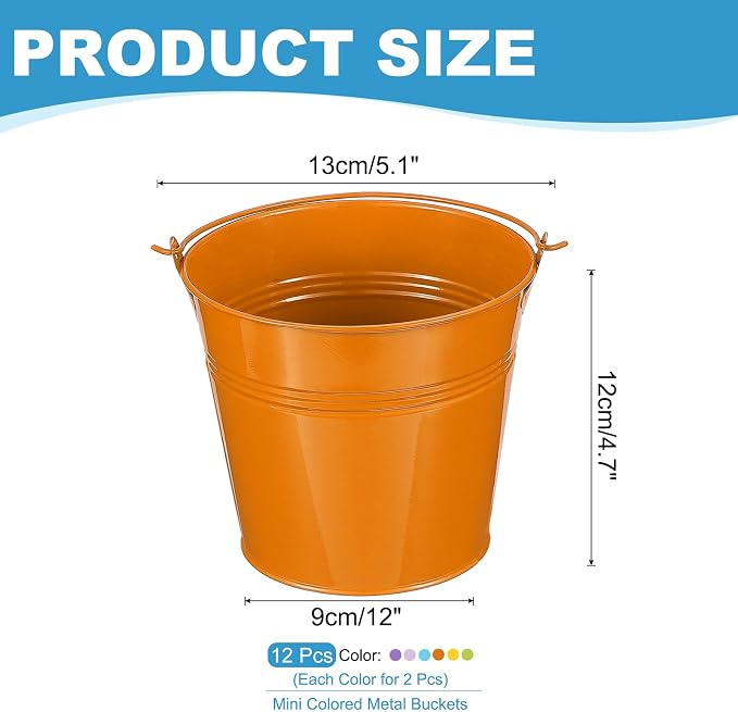 PATIKIL 5"x4.7" Small Metal Buckets with Handle, 12 Pcs Mini Bucket Easter Buckets, Green/Yellow/Orange/Blue/Light Purple/Purple