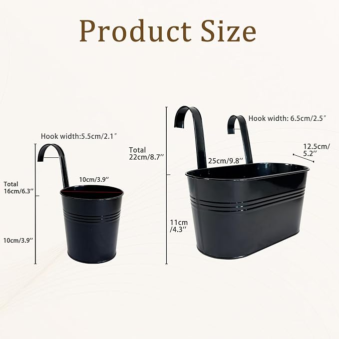 Pack of 8 Metal Hanging Planters for Outdoor Plants, 4 Pcs 4" Round Railing Planter & 4 Pcs 10" Oval Fence Flower Pots for Balcony Garden Decor, Black