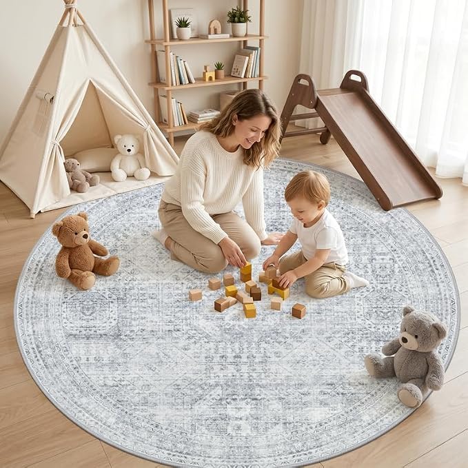Round Area Rug Living Room: 8ft Neutral Washable Carpet Rug Gray | Vintage Boho Circle Soft Large Circular Carpet Bedroom Nursery Farmhouse Dining Room Indoor Decor Floor Non-Slip Under Table