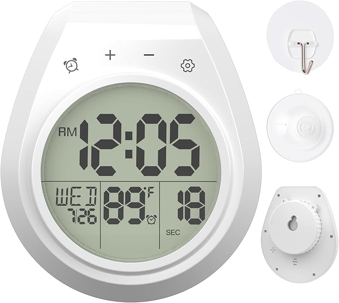 Shower Clock w/Timer Waterproof, Digital Bathroom Wall Clock w/Temperature | w/Date, Suction Cup, for Mirror, Bath, Kitchen, Battery Operated, White