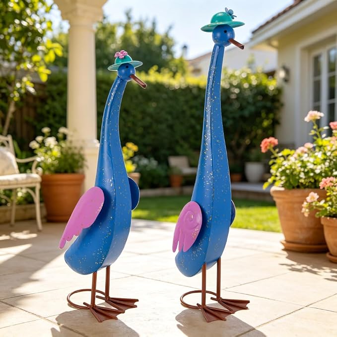 22" Duck Garden Statue Set of 2 Metal Ducks | Outdoor Statues Rustproof Yard Art Porch Animals Lawn Ornament Garden Sculptures Decor for Outside Patio Backyard