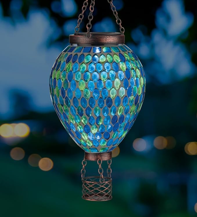 Regal Art & Gift Hot Air Balloon Solar Lantern – Hanging Solar-Powered LED Lights, Waterproof Portable Decorative Outdoor Lamp Made of Metal & Glass for Garden, Patios & Pathway - Mosaic Blue