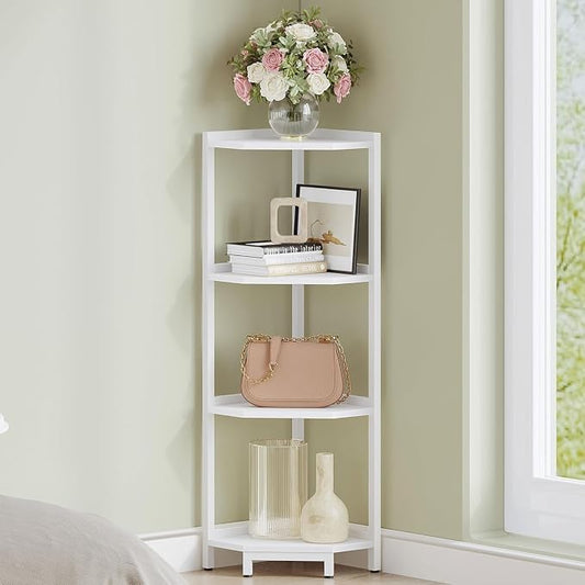 Hzuaneri Corner Shelf Stand, Corner Bookshelf, Storage Standing Shelf Unit with Metal Frame, Plant Stand, Bookcase for Living Room, Home Office, Bedroom, 4-Tier White CS05813W