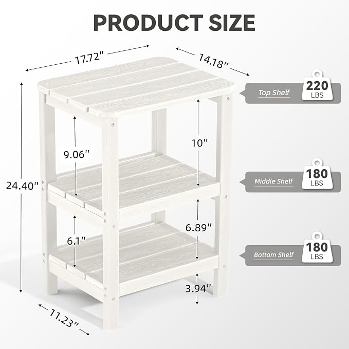 3 Tier Outdoor Side Table Adirondack Side Table HDPE End Table Patio Side Table Rectangle Tables for Outdoor Backyard Garden Balcony (Retro, White)
