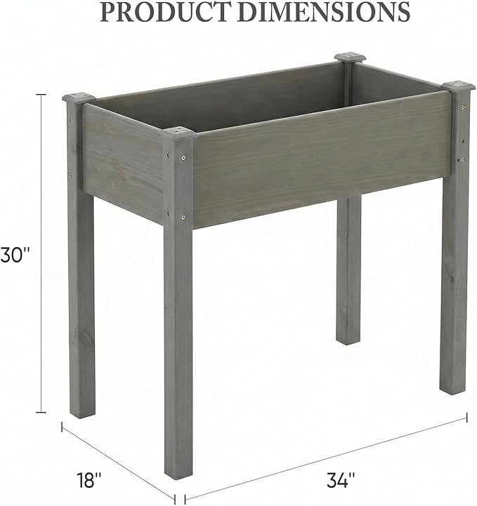DUMOS Raised Garden Bed 34x18x30 Inch, Outdoor Planter Box with Legs, Elevated Wood Garden Bed with Liner for Herbs Flowers Vegetables, Wooden Planter Box for Patio, Balcony, Backyard, Grey