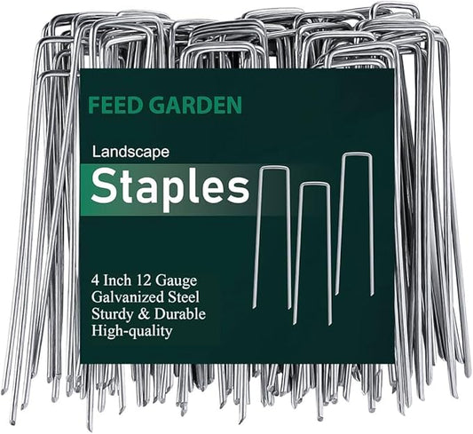 FEED GARDEN 4 Inch Galvanized Landscape Staples, 12 Gauge Anti-Rust Garden Stakes, Weed Barrier Stakes 500 Pack