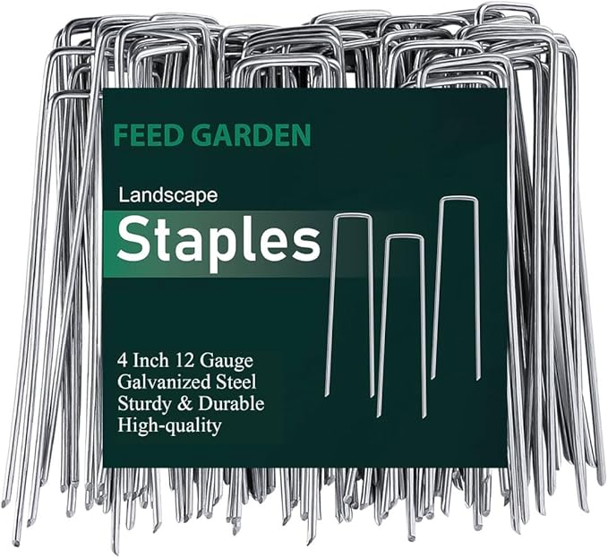 FEED GARDEN Landscape Staples 4 Inch 100 Pack, Heavy Duty 12 Gauge Hot-Dip Galvanized Garden Stakes for Weed Barrier, Landscape Fabric, Sod, Turf, Garden Hose & Christmas Lights