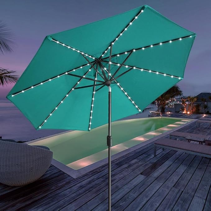 EliteShade USA 10-Year-Non-Fading 9ft Market Patio Umbrella, Commercial Grade Table Sun Umbrella with 80 Solar LED Lights, Crank Open, Windproof & UPF 50+ UV Protection for Garden, Deck, Pool, Backyard, Teal