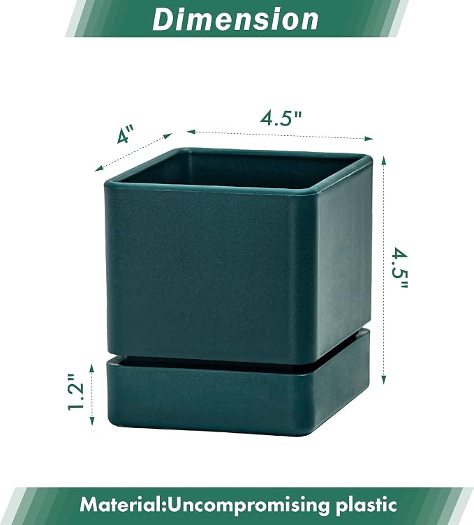 D'vine Dev 4 Inch Herb Planter Pot, Plastic Planter with Drainage Holes and Saucer, Modern Decorative Gardening Pot for Indoor Plants, Flowers, Herbs, Succulents, Green, Set of 3, 76-Y-C-3