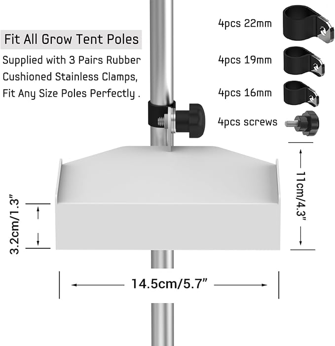 2 Pack Metal Grow Tent Shelf, Sturdy Grow Tent Corner Shelf for Camera, Hygrometer, Humidifier, Grow Tent Fan Holder, Two-tier Tent Pole Mount Shelves, Fit All Tent Poles (Including 16mm 19mm 22mm)