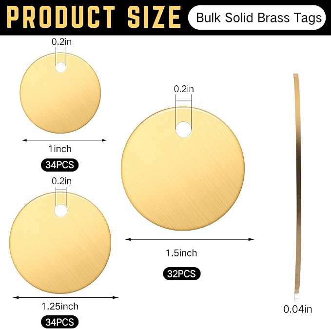 Hicarer 100 Pcs Solid Tags for Stamping Round Key Tags Blanks with Hole for Pets Plants Doors Pipe Valves Equipment Tool and Keys Labeling (Brass,1,1.25,1.5 Inch)