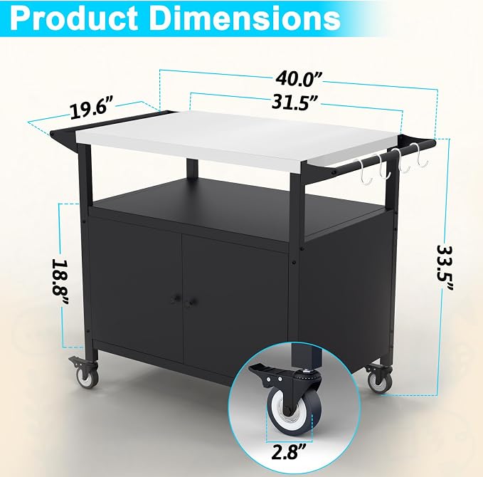 COZEER Outdoor Grill Table with Storage, Movable BBQ Grill Cart, Outdoor Kitchen Prep Station, Rolling Bar Serving Cart with Utensil Hooks, Blackstone Griddle Stand