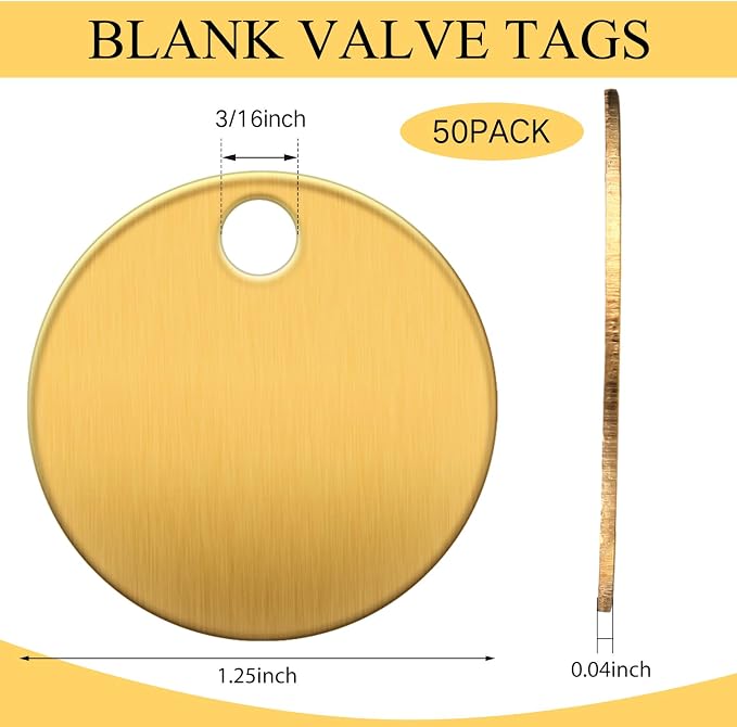 Hicarer 50 Pcs Solid Tags for Stamping Round Key Tags Blanks with Hole for Pets Plants Doors Pipe Valves Equipment Tool and Keys Labeling (Brass,1.25 Inch)