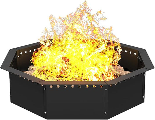 Mocomax Smokeless Fire Pit Ring 35-Inch Outer 31-Inch Inner Diameter, Large Solid Steel Firepit Liner for Outside Wood Burning, DIY Campfire Ring Above or In-Ground for Outdoor, Octagonal