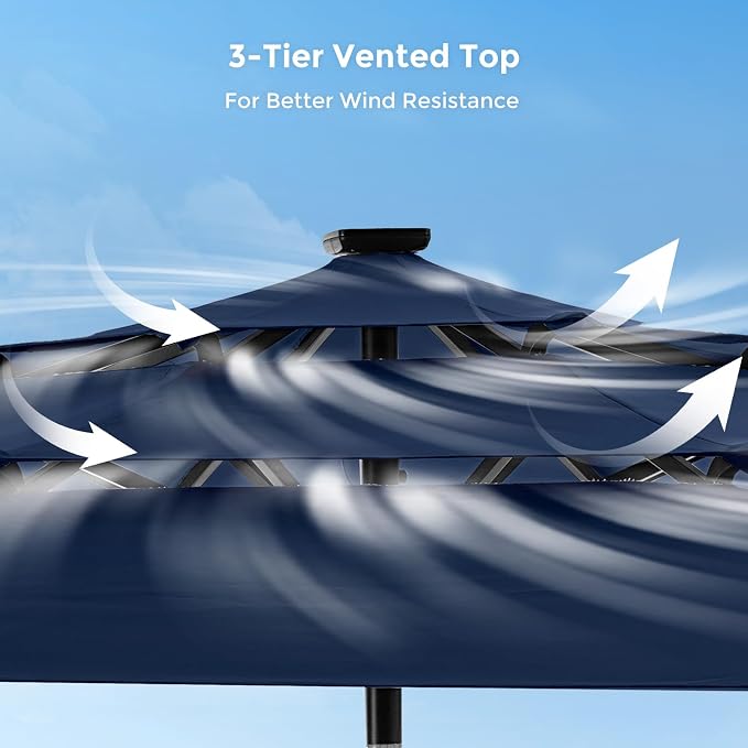 HOMSHADE 3-Tier Patio Umbrella with Solar Lights(Navy Blue,No Base) | 5-Year Fade Resistant;32 LED Lights;Windproof;8 Thicker Ribs;UPF50+;Pool Garden Deck