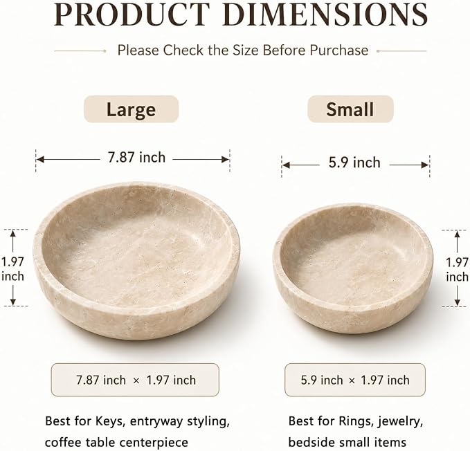 Small Travertine Bowl, 5.9-Inch Stone Catchall | Natural Stone Decoration Bowl for Keys, Jewelry, Rings and Trinkets, Entryway, Vanity, Nightstand and Dresser Decor