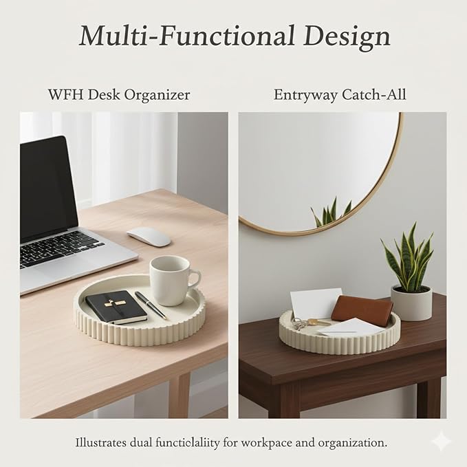 13" Round Concrete Decorative Centerpiece Tray for Coffee Table Cream | Modern minimalist centerpiece tray for coffee table, living room, dining & office storage display, sturdy tabletop home decor