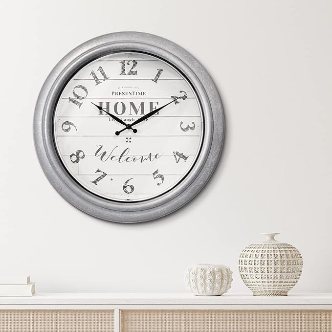 Presentime & Co 18" Vienna Modern Farmhouse Luminous Indoor/Outdoor Clock, Shiplap Style, Galvanized Silver Finish, Night Light with Smart Sensor, Wall Decoration, Outdoor Lights & Decoration.