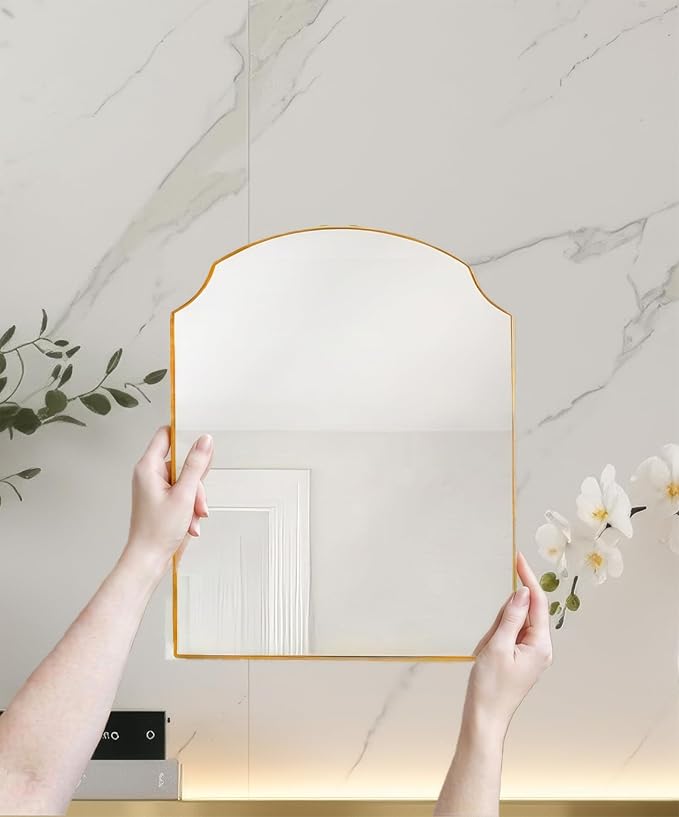 Gold Clipped Arch Wall Mirror 14" x18" - Vintage Hanging Mirror with Chain, Decorative Brass Mirror for Entryway, Bathroom, Bedroom&Living Room, Small Antique Gold Wall Mirror