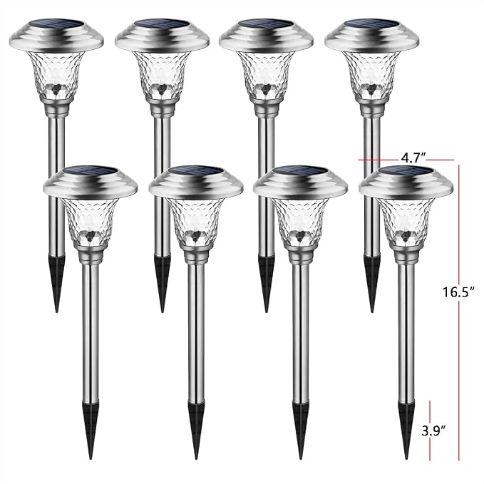 GIGALUMI 8 Pack Solar Pathway Lights, Solar Garden Lights Outdoor Warm White, Waterproof Led Path Lights for Yard, Patio, Landscape, Walkway (Stainless Steel)