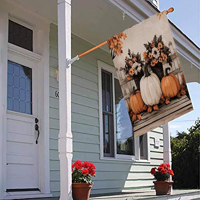 EMMTEEY Sunflower Garden Flag Fall Pumpkins 28X40 Double-Sided, Seasonal Yard Flags White Orange Large Burlap Garden Flags for Outside Front/Back Door