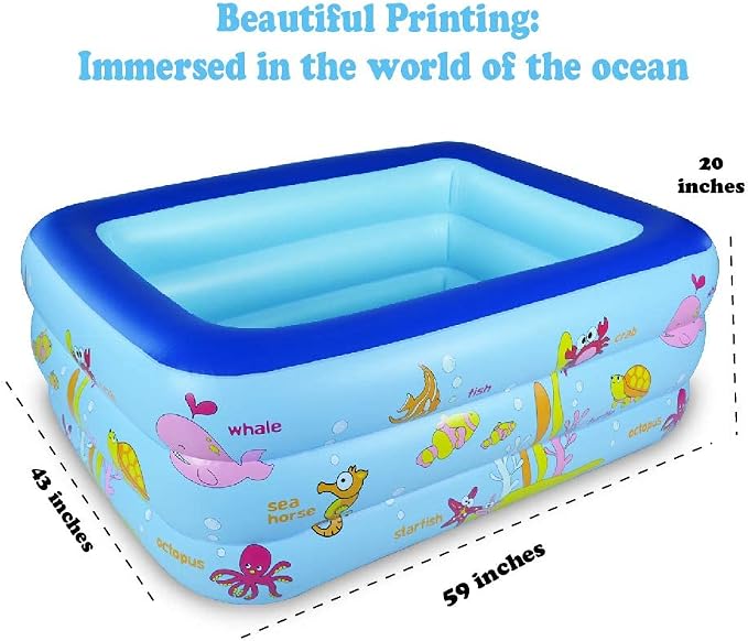 Inflatable Pool with Inflatable Soft Floor, Kiddie Pool 59" x 43" x 20" Ocean World Kids Swimming Blow Up Pool for Kids, Backyard, Garden, Outdoor, Party
