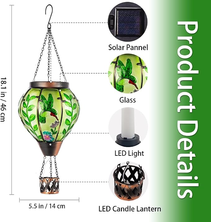 Hot Air Balloon Solar Lantern with Flame | Handmade Glass, Waterproof Outdoor Lantern, Decorative Outdoor Lantern for Patio, Garden, Porch, Green