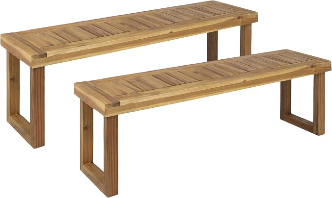 Merax Acacia Wood Outdoor Bench Set of 2, Backless Garden Bench Rustic Patio Dining Seats, Slat Panel Design, Weatherproof, 60" Long, Bear 300lbs, Natural