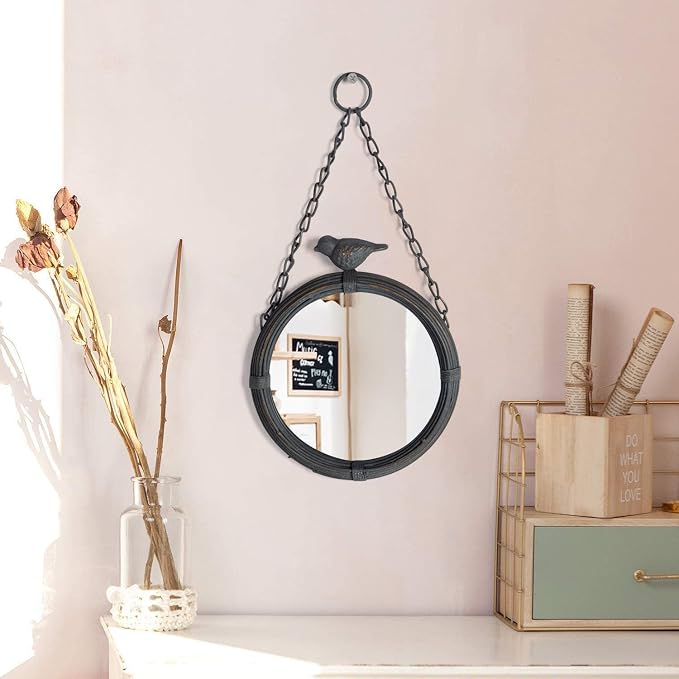 NIKKY HOME Shabby Chic Small Wall Mirrors Decor Decorative Metal Framed Hanging Round Mirror Vintage Rustic with Sparrow for Bathroom Living Room Office, Antiqued Black