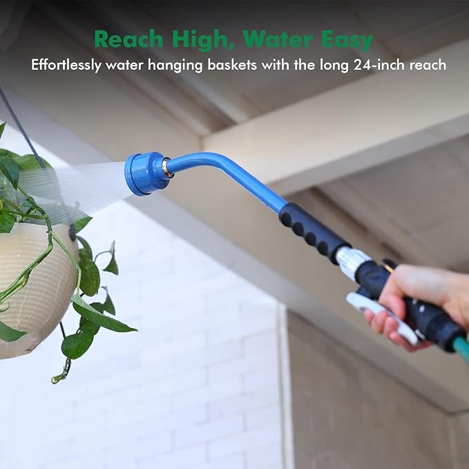 RESTMO Heavy Duty Full Metal 24 Inches Watering Wand, Gentle Soft Full Shower Sprayer Wand with Lockable Front Trigger, Hose Wand for Hanging Baskets, Shrubs, Plants, Flowers, Garden and Lawn, Blue