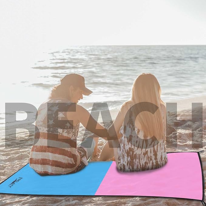Frelaxy Pocket Picnic Blanket, Waterproof Sandproof Beach Mat, Compact Camping Tarp for Festivals, Hiking, Travel, Outdoor Recreation (Pink & Blue, 28'' x 47'')