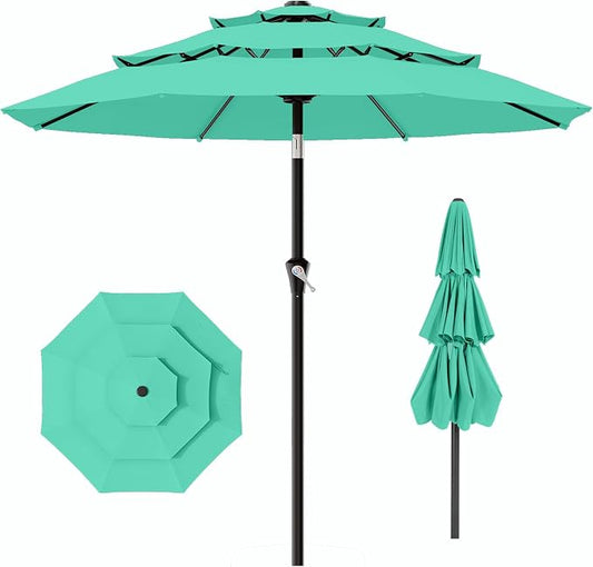 AreShark 9ft 3-Tier Patio Umbrellas, Outdoor Umbrella with 8 Sturdy Ribs UV Protection Windproof, Market Table Umbrella w/Push Button Tilt & Crank for Pool, Porch, Deck, Garden(Aruba Blue)