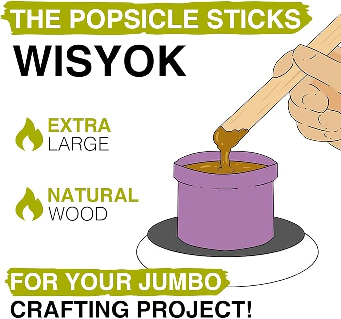 WISYOK 8'' Jumbo Craft Sticks, 300pcs Extra Large Tongue Depressors, Natural Premium Wood, Plant Labels, Hair Removal and Waxing Supplies