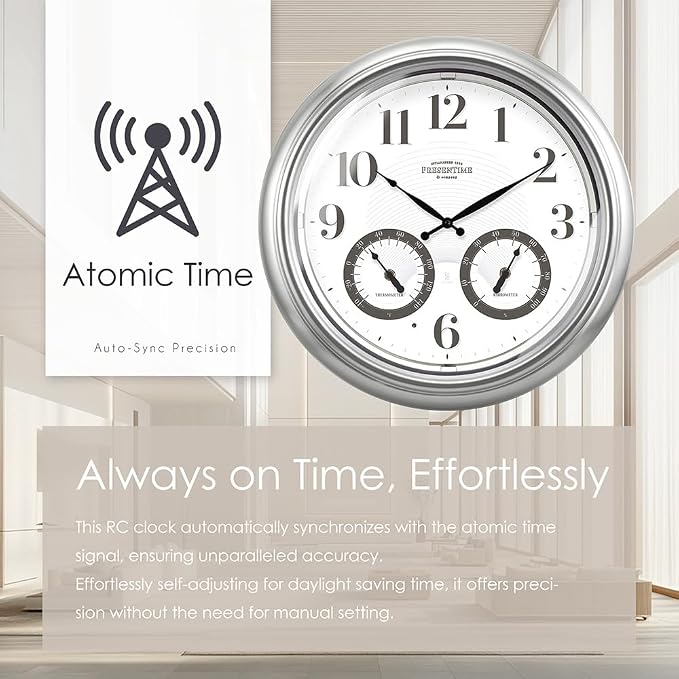 Presentime & Co 18" Illuminated in/Outdoor Atomic Clock with Smart Sensor and Night Light, Waterproof, Large Wall Clock with Thermometer & Hygrometer, for Garden and Patio, Silver.