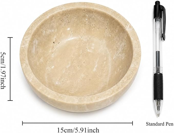 Small Travertine Bowl, 5.9-Inch Stone Catchall | Natural Stone Decoration Bowl for Keys, Jewelry, Rings and Trinkets, Entryway, Vanity, Nightstand and Dresser Decor