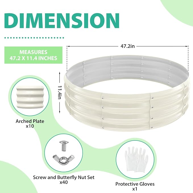 YSEJOMP 4FT Diameter Galvanized Garden Raised Bed/Plant Box/Fire Pit Ring - 0.8mm Thick,12 Inch Tall,Perfect for Planting a Variety of Flowers,Herbs,Vegetables (Cream White, 48 Dia X 12inches)