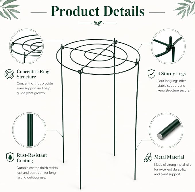 7 Pack Peony Cages and Supports, 13.8" D x 23.6" H Grow Through Plant Supports for Outdoor Plants, 4-Leg Metal Flower Support Rings with Rust-Resistant Coating for Peonies, Roses, Hydrangeas, Tomatoes