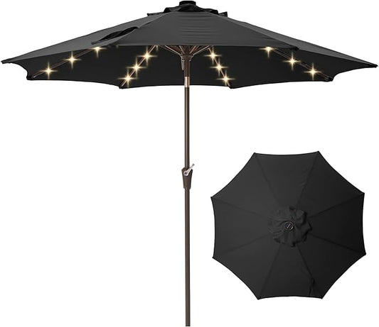 9FT Solar-Powered LED Patio Umbrella with Tilt Crank,Outdoor Market Umbrella with 32 Lights,Sunshade for Deck, Garden and Pool
