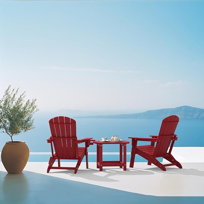 Plawdlik Adirondack Side Table, Wooden Textured,Hdpe Outdoor Weather Resistant Set for Patio, Garden, Porch, Pool, Backyard & Red