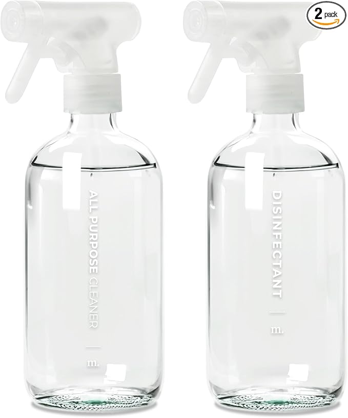 MaisoNovo Glass Spray Bottles 16 Oz Pack of 2 - Clear Spray Bottles for Cleaning Solutions with Fortified Glass & Fine Mist - Ideal for Cleaning, Disinfecting, Home, Office & Commercial Use - 16 Label