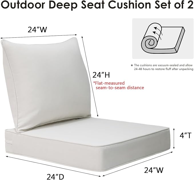 Unimatta Outdoor Patio Chair Cushions Set, 24" x 24"(24x24 Back), Set of 2, Water-Repellent, Fade Resistant, Deep Seat Bottom and Back Cushion for Backyard, Couch, Sofa, Linen