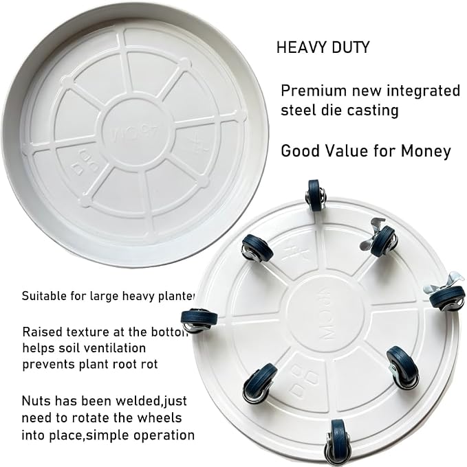 Rolling Planter Caddy(470lbs Capacity), Heavy Duty Metal Plant Stand with Brake Wheels Plant Dolly Mover Plant Pot Tray Saucer for Indoor Outdoor 18inches White