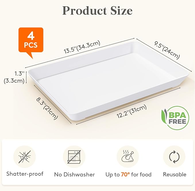 Lifewit 4 Pcs Serving Tray for Party Supplies, Reusable Plastic Food Serving Platter for Dessert, Snacks, Fruit, Cookies, Appetizers & Charcuterie, BPA-Free White Catering Trays for Buffets Display