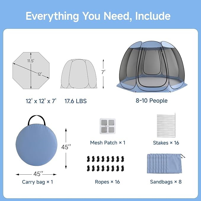 Alvantor Pop Up Screen House Tent, Instant Outdoor Gazebo with Mosquito Netting & UPF 50+ Sun Protection, Portable Canopy Shelter for Patio, Backyard, Camping (2-10 Person)